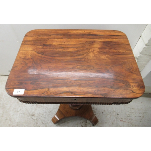 71 - A mid 19thC rosewood work table, the drawer over a retractable, pleated fabric covered wool well, el... 