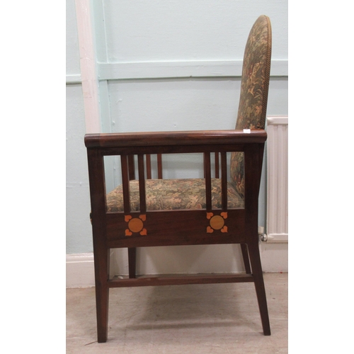 75 - An early 19thC mahogany showwood framed chair with simple heart design and circular marquetry orname... 