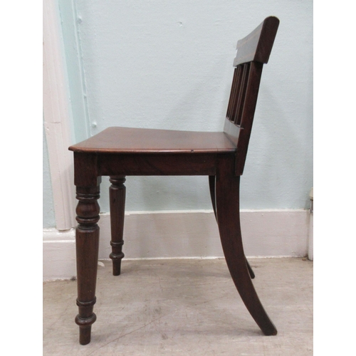 97 - A late 19thC mahogany framed hall chair, the low, bar back with band inlaid decoration and straight,... 