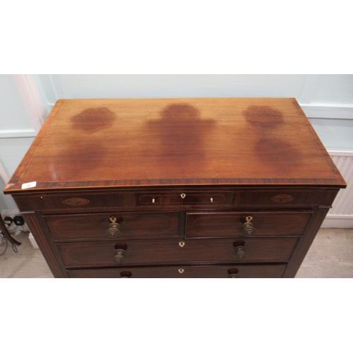 99 - A 19thC mahogany, crossbanded, satinwood string inlaid and marquetry dressing chest, featuring a cen... 