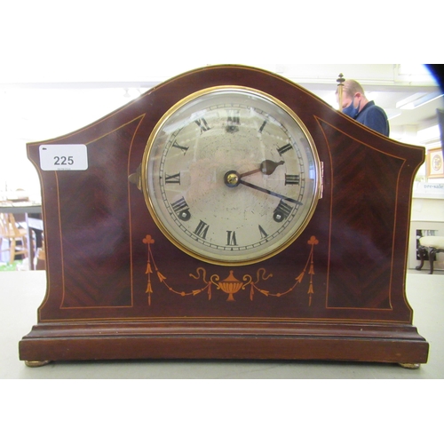 225 - An Edwardian satinwood inlaid mahogany cased mantel clock; the gong strike movement faced by an engr... 