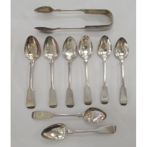 228 - A set of eight late Victorian Scottish silver fiddle pattern teaspoons and a pair of sugar tongs  Gl... 