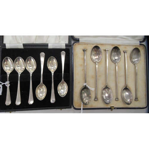 233 - A set of six silver coffee spoons; and a set of six seal end silver teaspoons  mixed marks  both cas... 