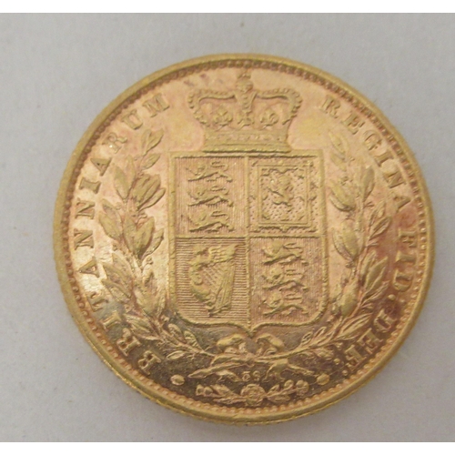 361 - A late Victorian sovereign, shield cruciform on the obverse  1872 with a certificate of authenticity... 