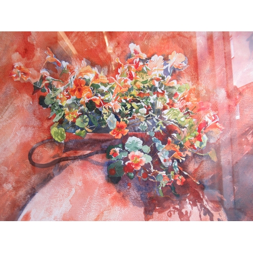 57 - Annette Kane - a still life study, flowers in an earthenware vase  watercolour  beas a signature  28... 