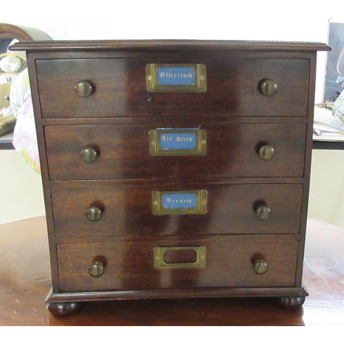 102 - A mid 20thC mahogany four drawer collectors chest, on a plinth and turned bun feet 13.5