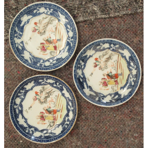 111 - A set of three late 18thC Chinese porcelain tea bowl saucers, decorated with figures  4.5