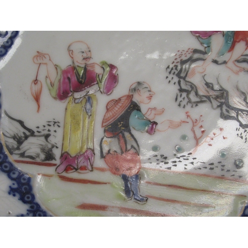 111 - A set of three late 18thC Chinese porcelain tea bowl saucers, decorated with figures  4.5