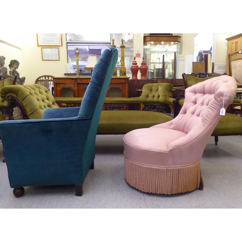 114 - An early 20thC part button pink fabric upholstered bedroom chair with a tasselled valance; and a dis... 