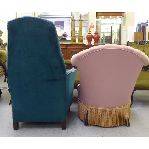 114 - An early 20thC part button pink fabric upholstered bedroom chair with a tasselled valance; and a dis... 