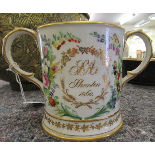 130 - A mid Victorian china twin handled mug, decorated with a river scene and a bridge  6