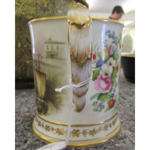 130 - A mid Victorian china twin handled mug, decorated with a river scene and a bridge  6