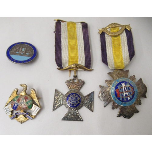 143 - Silver and enamelled badges: to include a Masonic example  mixed marks