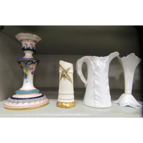 181 - Ceramics: to include a late Victorian Hadley's Worcester china candle stick, decorated with fruit an... 