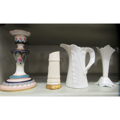 181 - Ceramics: to include a late Victorian Hadley's Worcester china candle stick, decorated with fruit an... 