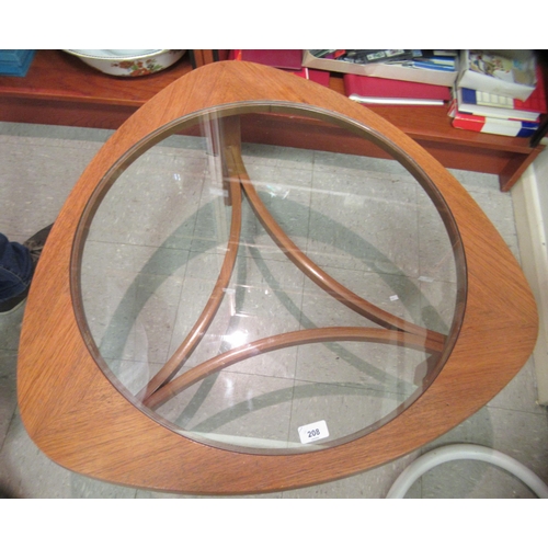 208 - A 1970's Nathan teak framed, astro style coffee table with a glass insert and a concave underframe, ... 