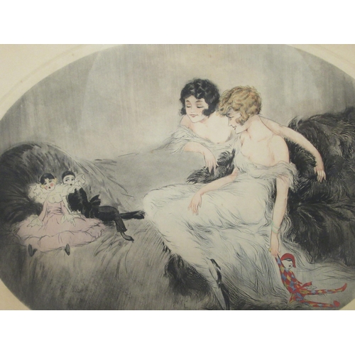 235 - Art Deco School - two women in a nursery  coloured print  bears an indistinct pencil signature  16