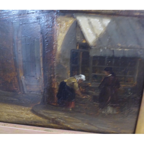 238 - In the manner of ET Smythe - a street scene  oil on board  bears text verso  13