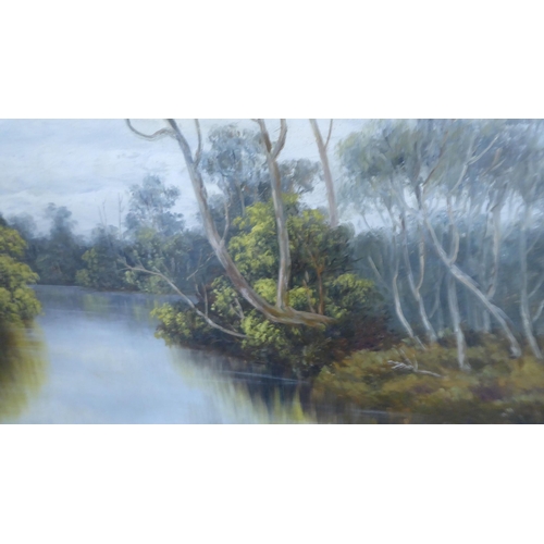 239 -  QQ May - a woodland lake view  oil on board  bears a signature  18