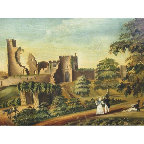 241 - 19thC British School - figures observing castle ruins from a path  oil on board  15