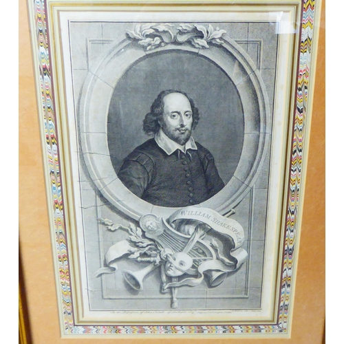 244 - Six 19thC monochrome engraving prints: to include portraits of William Shakespeare and John Dryden&n... 