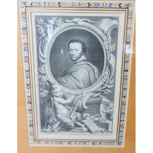 244 - Six 19thC monochrome engraving prints: to include portraits of William Shakespeare and John Dryden&n... 