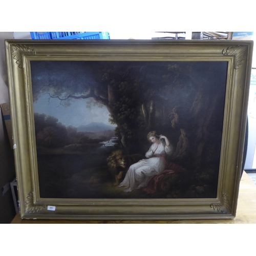 251 - 19thC British School - a woman sitting in a woodland beside a lion  oil on canvas  26