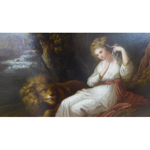 251 - 19thC British School - a woman sitting in a woodland beside a lion  oil on canvas  26