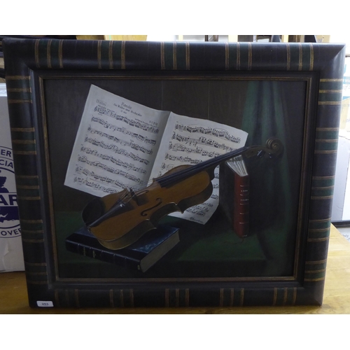 253 - 20thC British School - a still life study, a violin resting on books beside sheet music  oil on copp... 