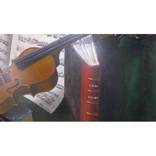 253 - 20thC British School - a still life study, a violin resting on books beside sheet music  oil on copp... 