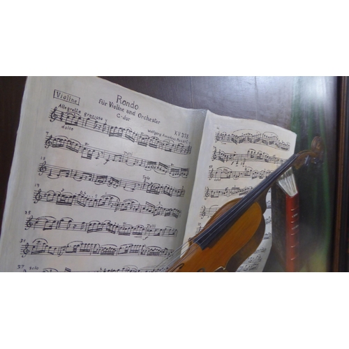 253 - 20thC British School - a still life study, a violin resting on books beside sheet music  oil on copp... 