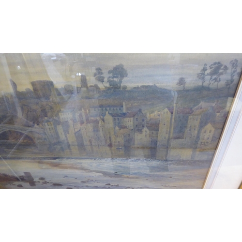 254 - EJ - a landscape with a river, village and castle beyond  watercolour  bears initials &... 