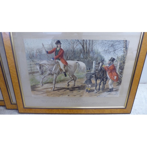 256 - After John Leech - a series of six Victorian hunting scenes  coloured prints  bearing text & pen... 