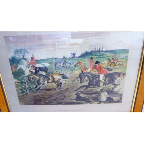 256 - After John Leech - a series of six Victorian hunting scenes  coloured prints  bearing text & pen... 