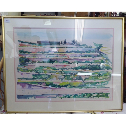 257 - Mary F Morris - 'Fields in bright colours'  watercolour  bears a signature & dated 198... 