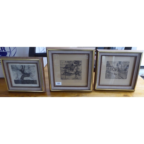 258 - Three 1930s monochrome etching prints  bearing indistinct pencil signatures & text  la... 