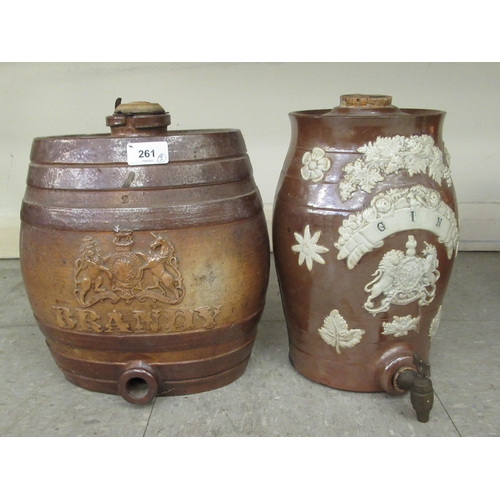 261 - Two late 19thC salt glazed stoneware spirit barrels, one inscribed Gin, the other Brandy  12