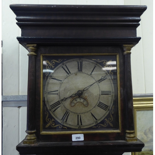 290 - A late 19thC painted pine longcase clock; the 30 hour movement faced by a painted Roman dial  77