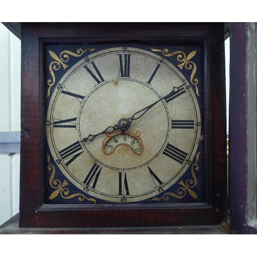 290 - A late 19thC painted pine longcase clock; the 30 hour movement faced by a painted Roman dial  77