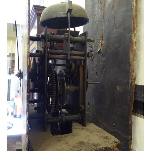 290 - A late 19thC painted pine longcase clock; the 30 hour movement faced by a painted Roman dial  77