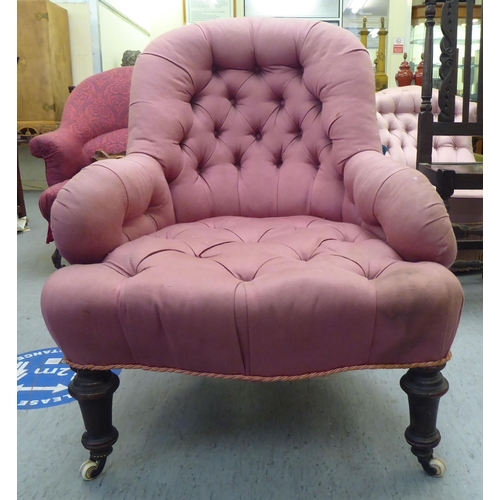 293 - A late Victorian salon chair, later upholstered in pink fabric, raised on turned, tapered forelegs a... 