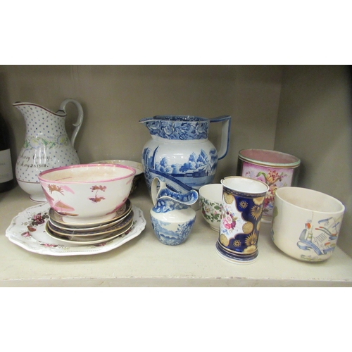 297 - 18th and 19thC British porcelain: to include a cream ware jug, decorated in blue and white 