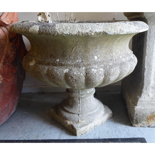 40 - A pair of composition stone terrace pedestal vases of campana form  15