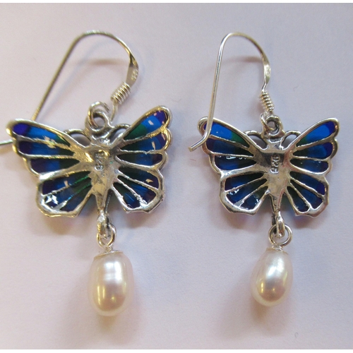 8 - A pair of silver coloured metal, plique a jour pendant butterfly earrings