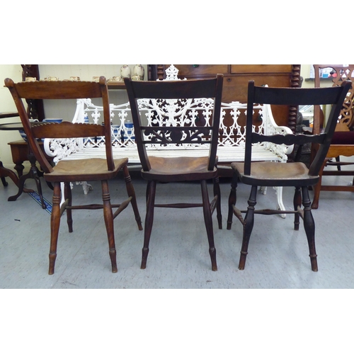 87 - Three similar 19thC beech, elm and fruitwood framed Thames Valley region Windsor side chairs with va... 