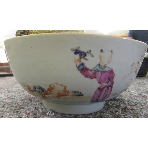 96 - A late 18thC Chinese porcelain bowl, decorated with figures in a landscape setting  7.75