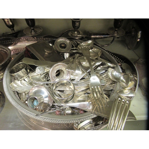 132 - Silver plated tableware: to include a pair of loaded twin branch candelabra  14