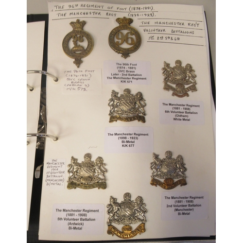 108 - An album collection of fully identified British military badges, some copies, comprising Manchester ... 