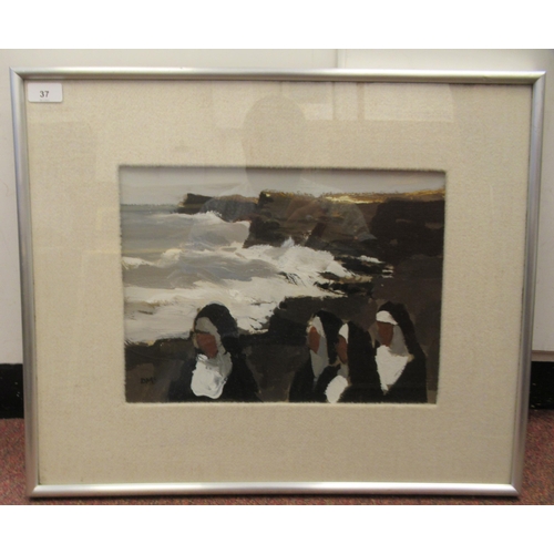 37 - Donald McIntyre - 'Nuns and Stormy Sea'  acrylic  bears initials DMC and a Thackeray Gallery label v... 