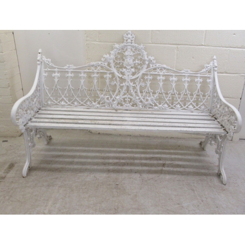 58 - A 19thC white painted, cast iron garden bench, decorated in Gothic taste with uniform quatrefoil and... 